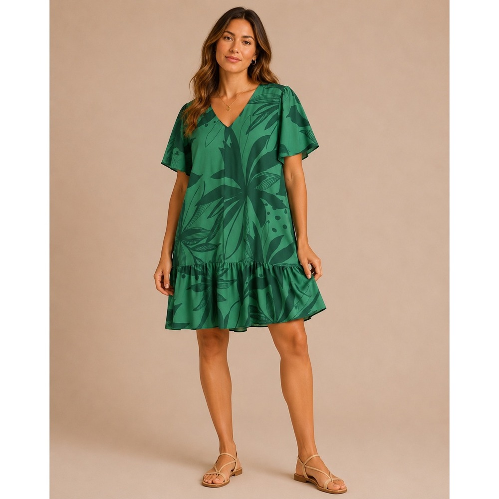 A New Day Green Leaf Print V-Neck Shift‎ Dress – XL